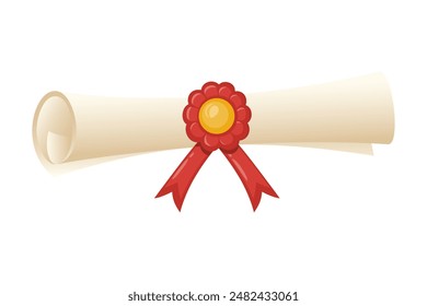 A paper scroll with a graduate's diploma, decorated with a wax seal and a red ribbon. Classic graduation ceremony certificate. The rolled paper, reminiscent of ancient document.