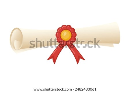 A paper scroll with a graduate's diploma, decorated with a wax seal and a red ribbon. Classic graduation ceremony certificate. The rolled paper, reminiscent of ancient document.