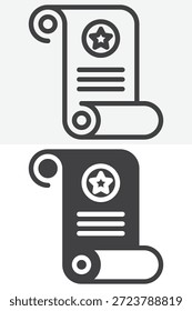 Ícone de rolagem de papel definido em estilo de linha e sólido. Contorno e sinal de vetor preenchido com traçado editável, ícone de símbolo antigo para feitiços, história e design de fantasia.
