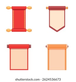Paper scroll icons set cartoon vector. Traditional decorative asian decoration. Festive accessory