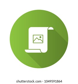 Paper scroll with image flat design long shadow glyph icon. Printing. Vector silhouette illustration
