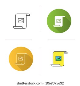 Paper scroll with image icon. Printing. Flat design, linear and color styles. Isolated vector illustrations