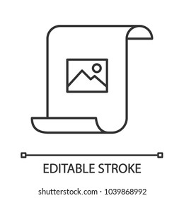 Paper scroll with image linear icon. Thin line illustration. Printing. Contour symbol. Vector isolated outline drawing. Editable stroke