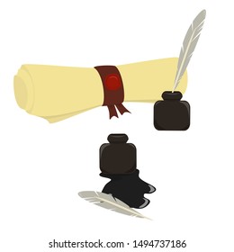 Paper scroll, ink and feather pen vector clip-art. Simple papyrus illustration.