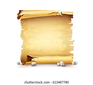 Paper scroll, old anicent manuscript, scrolled document script with copyspace. Blank vintage banner template. Diploma, contract, sertificate isolated on white background. Vector illustration.