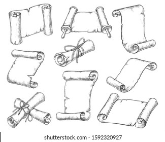 Paper scroll parchment and ancient manuscript rolls, vector sketch icons. Antique medieval paper letter scroll on rolls with torn edges texture, blank templates