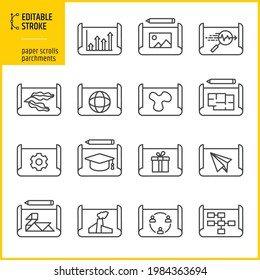 Paper scroll and parchment icons. Editable Stroke.