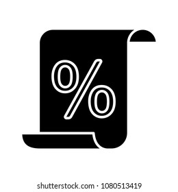 Paper scroll with percent glyph icon. Discount document, certificate. Silhouette symbol. Negative space. Vector isolated illustration