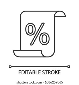 Paper scroll with percent linear icon. Thin line illustration. Discount document, certificate. Contour symbol. Vector isolated outline drawing. Editable stroke