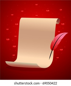 Paper scroll perchament and feather pen on red love background with small red hearts