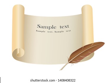  Paper scroll with place for text and feather pen on white background.