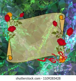 Paper scroll  with red roses on a square mosaic background. Copy space.  Vector clip art.