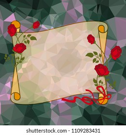 Paper scroll  with red roses on a square mosaic background. Copy space.  Vector clip art.