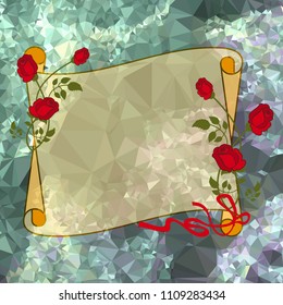 Paper scroll  with red roses on a square mosaic background. Copy space.  Vector clip art.