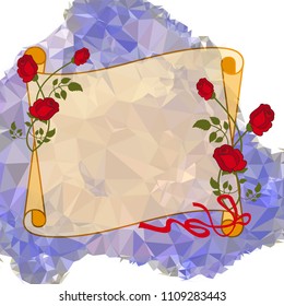 Paper scroll  with red roses on a square mosaic background. Copy space.  Vector clip art.