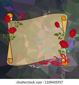 Paper scroll with red roses on a square mosaic background. Copy space. Vector clip art.