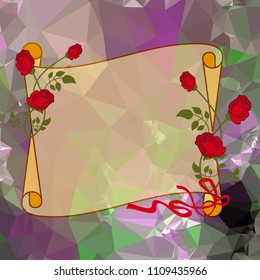 Paper scroll with red roses on a square mosaic background. Copy space. Vector clip art.