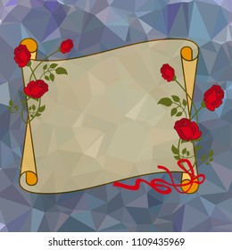 Paper scroll with red roses on a square mosaic background. Copy space. Vector clip art.