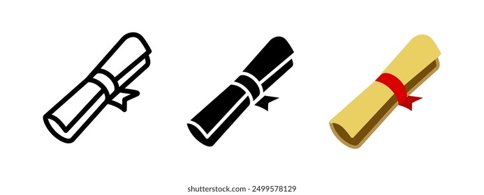 Papierrolle gerollt und mit rotem Farbbandsymbol gebunden. Altes Dokumentsymbol. Vektorgrafik mit Vintage-Buchstaben. Schriftrolle oder Plakatzeichen. Altes Pergament mit Bürokratie verbunden, isoliertes Symbol.