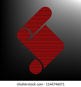Paper scroll sign illustration. Vector. Striped red and black icon at gradient blackish background. Zebra.