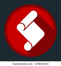 Paper scroll sign illustration. White icon with shadow on round red button at dark cyan background. Illustration.