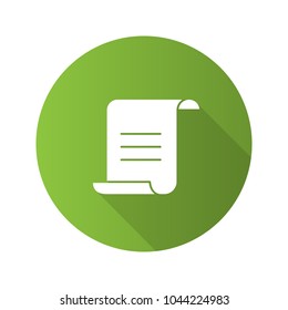 Paper scroll with text flat design long shadow glyph icon. Document, certificate. Vector silhouette illustration