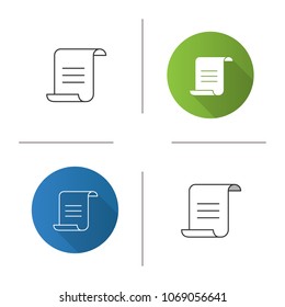 Paper scroll with text icon. Document, certificate. Flat design, linear and color styles. Isolated vector illustrations