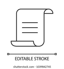 Paper scroll with text linear icon. Thin line illustration. Document, certificate. Contour symbol. Vector isolated outline drawing. Editable stroke