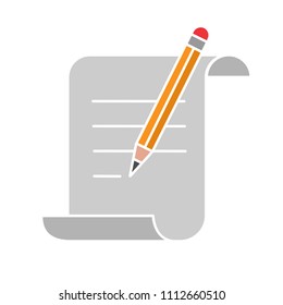 Paper scroll with text and pencil glyph color icon. Handwriting. Document, certificate, manuscript. Silhouette symbol on white background with no outline. Negative space. Vector illustration