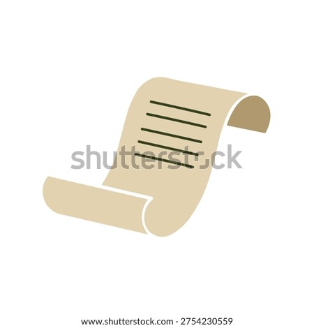 Paper scroll vector illustration, beige ancient document roll with text lines, old parchment diploma symbol vector isolated on white background