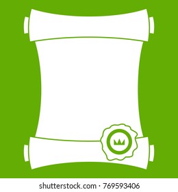 Paper scroll with wax seal icon white isolated on green background. Vector illustration