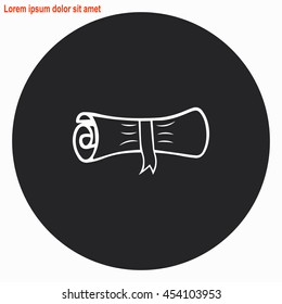Paper scroll web icon. Gray circle button with white illustration.