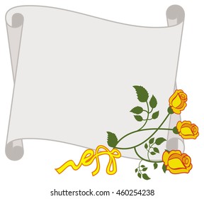 Paper scroll with yellow roses. Vector clip art.