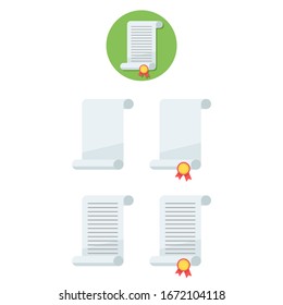 Paper scrolls with curled edges with gold medals. Flat minimalistic design. Icons. Isolated clipart set on white background.