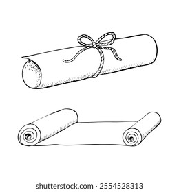 Paper scrolls line vector illustration set, rolled parchment with rope bow ink drawing. Torah manuscript for Jewish Passover, Purim. Shavuot designs in black and white