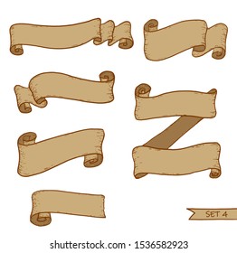 Paper scrolls and ribbon banners. Hand drawn sketch. Vector illustration isolated on white background