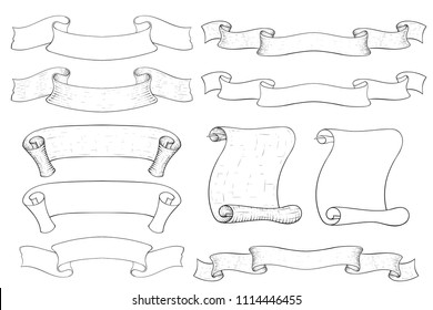 Paper scrolls and ribbon banners. Outline hand drawn sketch. Vector illustration isolated on white background