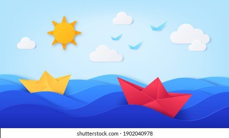 Paper sea with boats. Origami with ocean waves, ships, blue sky, sun, birds and clouds. Summer day seascape in paper cut style, vector art. Sea boat origami paper, ship and yacht journey illustration