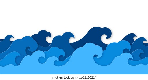 Paper sea waves. Blue water wave paper cut decor, marine landscape with curly waves ocean. Origami style wallpaper texture, vector papercraft background