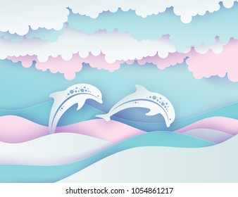 Paper sea waves and couple of dolphins. Paper cut deep style vector. Marine wildlife. Origami style with wavy lines, bubbles, fluffy clouds in pastel colors