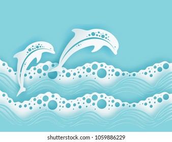 Paper sea waves and couple of dolphins. Paper cut deep style vector. Marine wildlife. Origami style with wavy lines, bubbles in pastel colors