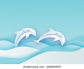 Paper sea waves and couple of dolphins. Paper cut deep style vector. Marine wildlife. Origami style with wavy lines in pastel colors