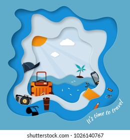 Paper seascape It's time to travel. In the foreground travel accessories: suitcase, keys, gadgets, sunglasses, cap and drink. Vector illustration