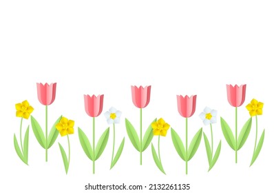 Paper seasonal flowers tulips and forget-me-nots on white background. Spring decor, create art for children, daycare, kindergarten, flyer greeting card