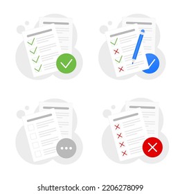 Paper set with correct and wrong answers. Test list. Plan or checklist. Correct tasks with a green tick. Isolated vector illustration. 