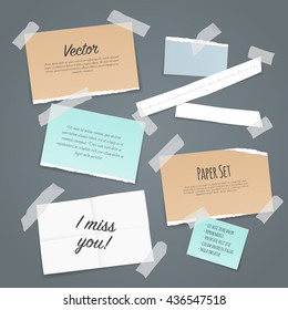 Paper Set Of Different Scraps Of Paper Stuck By Sticky Tape On Pale Blue Background Vector Illustration