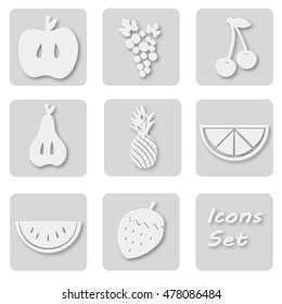 Paper set of fruits icons. Papery stickers with apple, grape, cherry, pear, pineapple, orange, watermelon, strawberry Signs for web design
