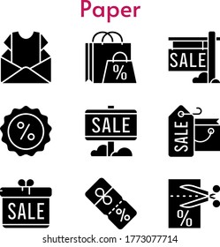 paper set. included gift, newsletter, shopping bag, sale, voucher, discount icons. filled styles.