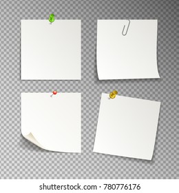 paper set of isolated white sticky notes on transparent background, vector illustration