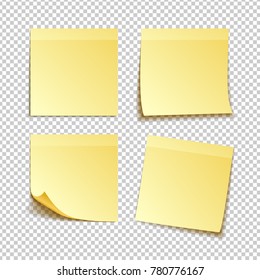 paper set of isolated yellow sticky notes on transparent background, vector illustration